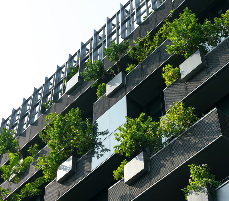 Eco-friendly building in modern city. Sustainable glass office building with trees for reducing CO2.