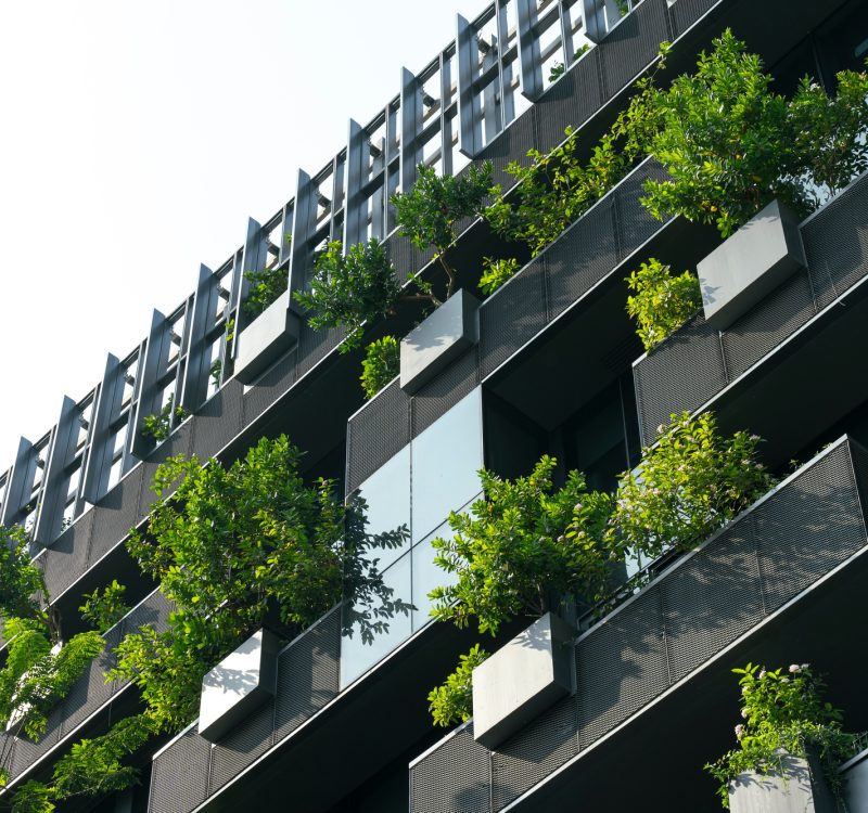 Eco-friendly building in modern city. Sustainable glass office building with trees for reducing CO2.