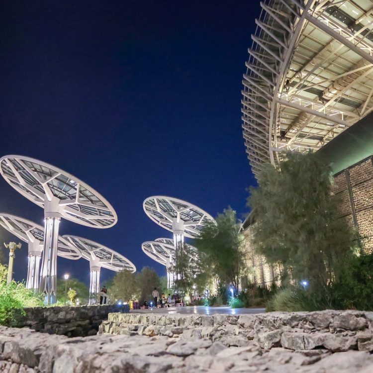 Exhibition EXPO 2020. Main entrance to exhibition Terra Sustainability Pavilion. Futuristic design w