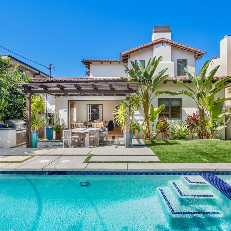 Exterior shot of a luxury Spanish-style home in Hollywood, California.
